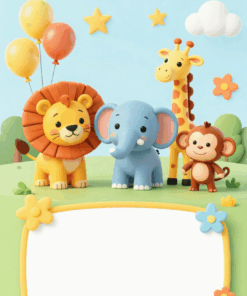 jungle safari pozivnica za deciji rodjendan sa zivotinjama pastel boje