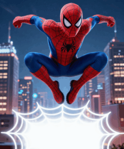 dečija rođendanska pozivnica sa spider herojem neon grad dizajn