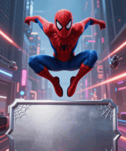 premium decija pozivnica spider hero futuristicki grad